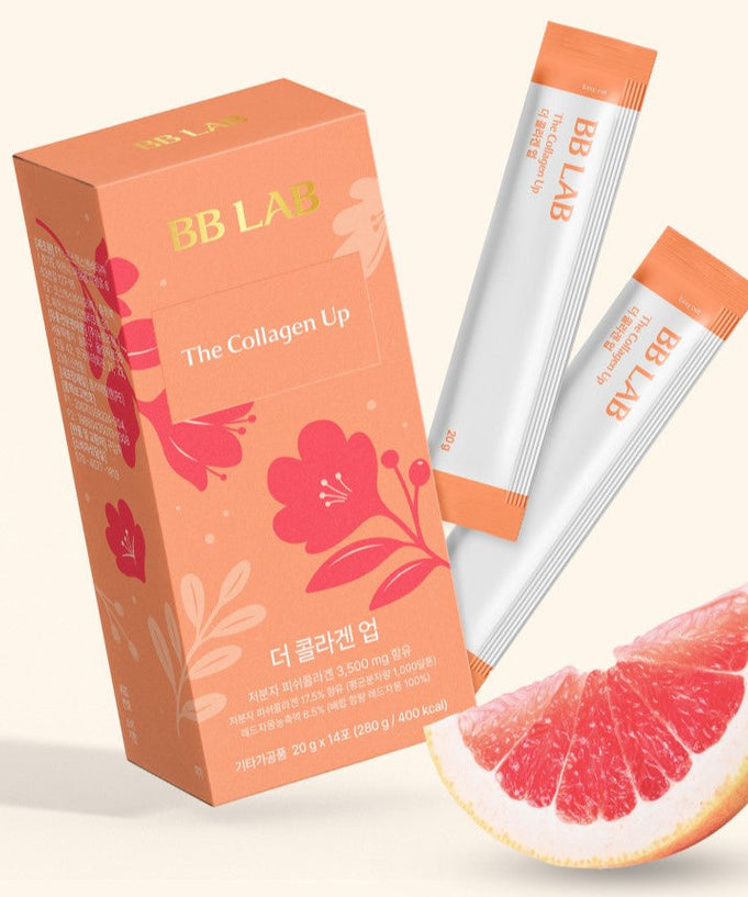 BB LAB The collagen Up 14 Sticks 280g with packaging and grapefruit slice on display.