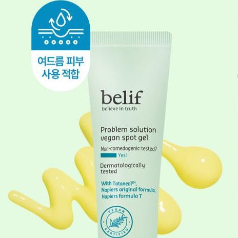 BELIF Problem Solution Vegan Spot Gel 15ml product image with skincare benefits and vegan certification.