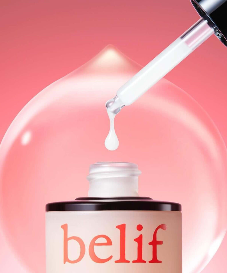 BELIF Super Drops Peptide Firming Serum 30ml with dropper against a pink background