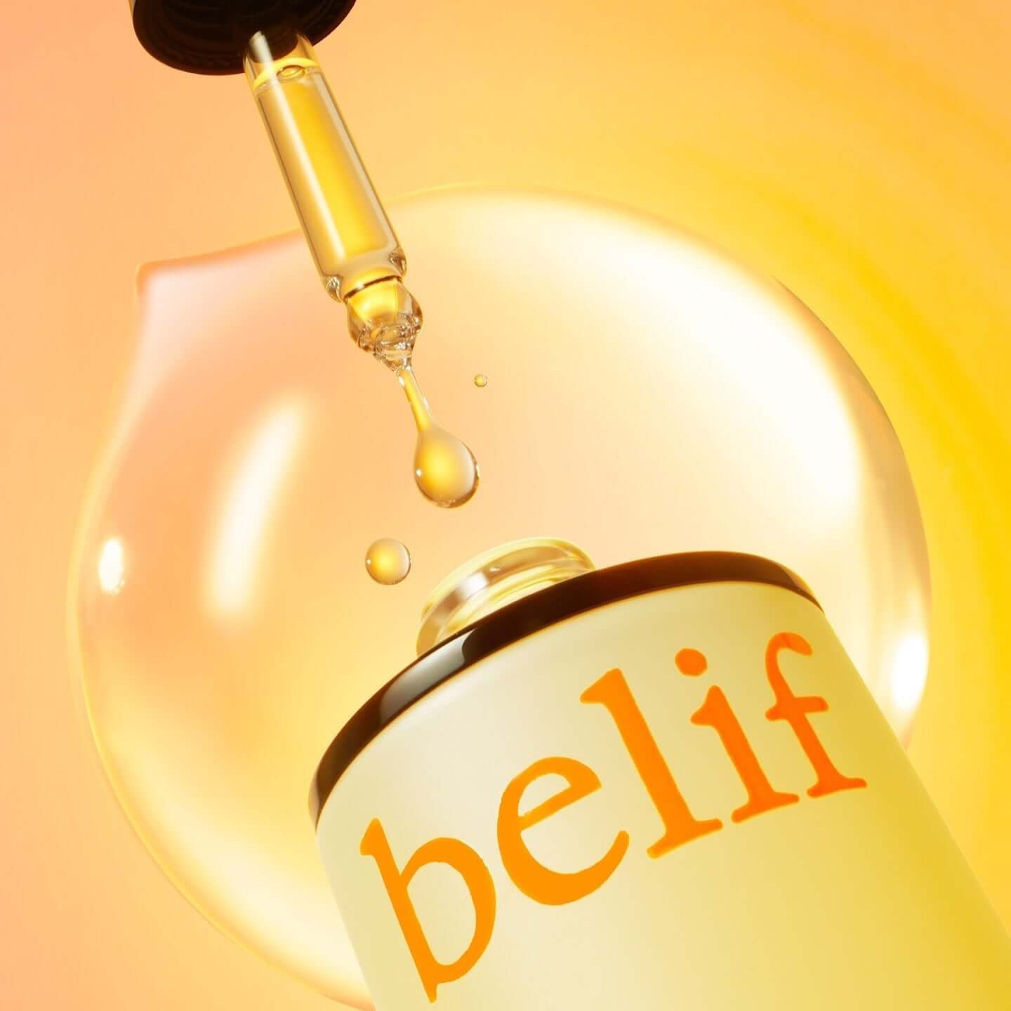BELIF Super Drops Vita C Toning Serum 30ml bottle with dropper and vibrant background, showcasing skincare product.