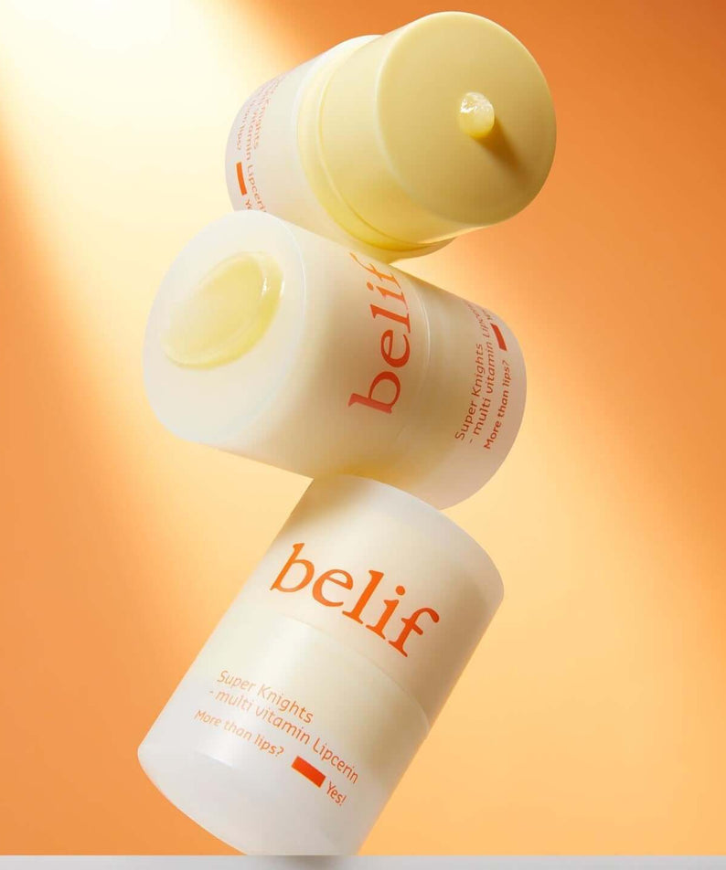BELIF Super Knight Multi Vitamin Lipcerin, stacked containers against an orange background.