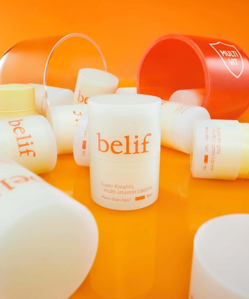 BELIF Super Knight Multi Vitamin Lipcerin collection on vibrant orange background