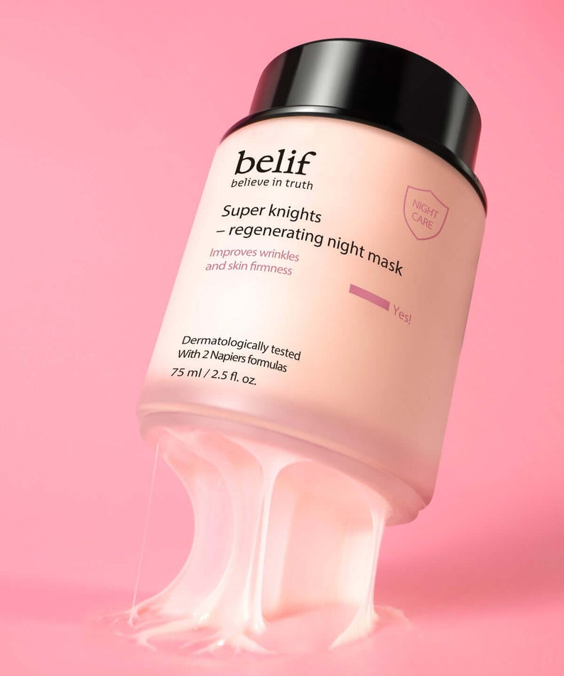 BELIF Super Knight Regenerating Night Mask 75ml jar on a pink background with product details visible.