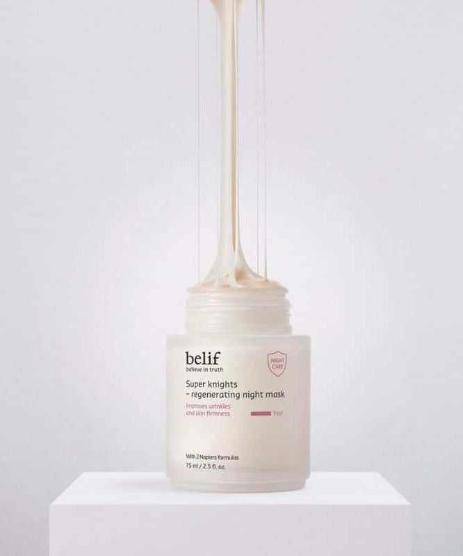 BELIF Super Knight Regenerating Night Mask 75ml in a jar with creamy texture displayed on a pedestal