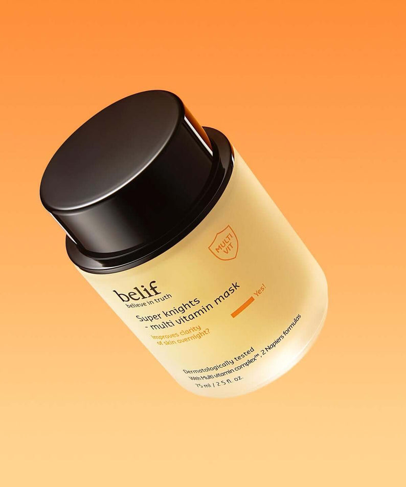 BELIF Super Knights Multi Vitamin Mask 75ml jar on an orange background, showcasing premium skin care product
