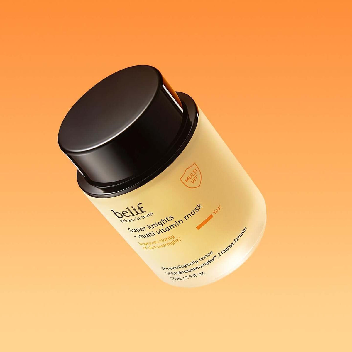 BELIF Super Knights Multi Vitamin Mask 75ml jar on an orange background, showcasing premium skin care product