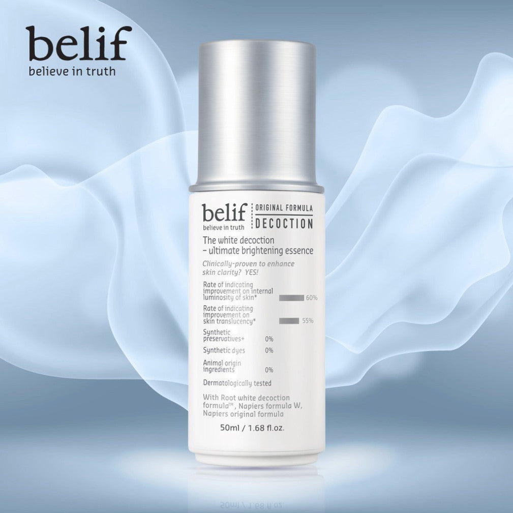 BELIF The White Decoction-Ultimate Brightening Essence 50ml bottle with product details in front of a wavy background
