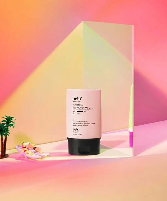 BELIF UV Protector Tone-up Sunscreen 50ml with vibrant background