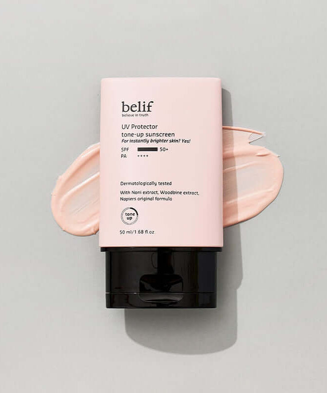 BELIF UV Protector Tone-up Sunscreen 50ml bottle with swatches on a gray background