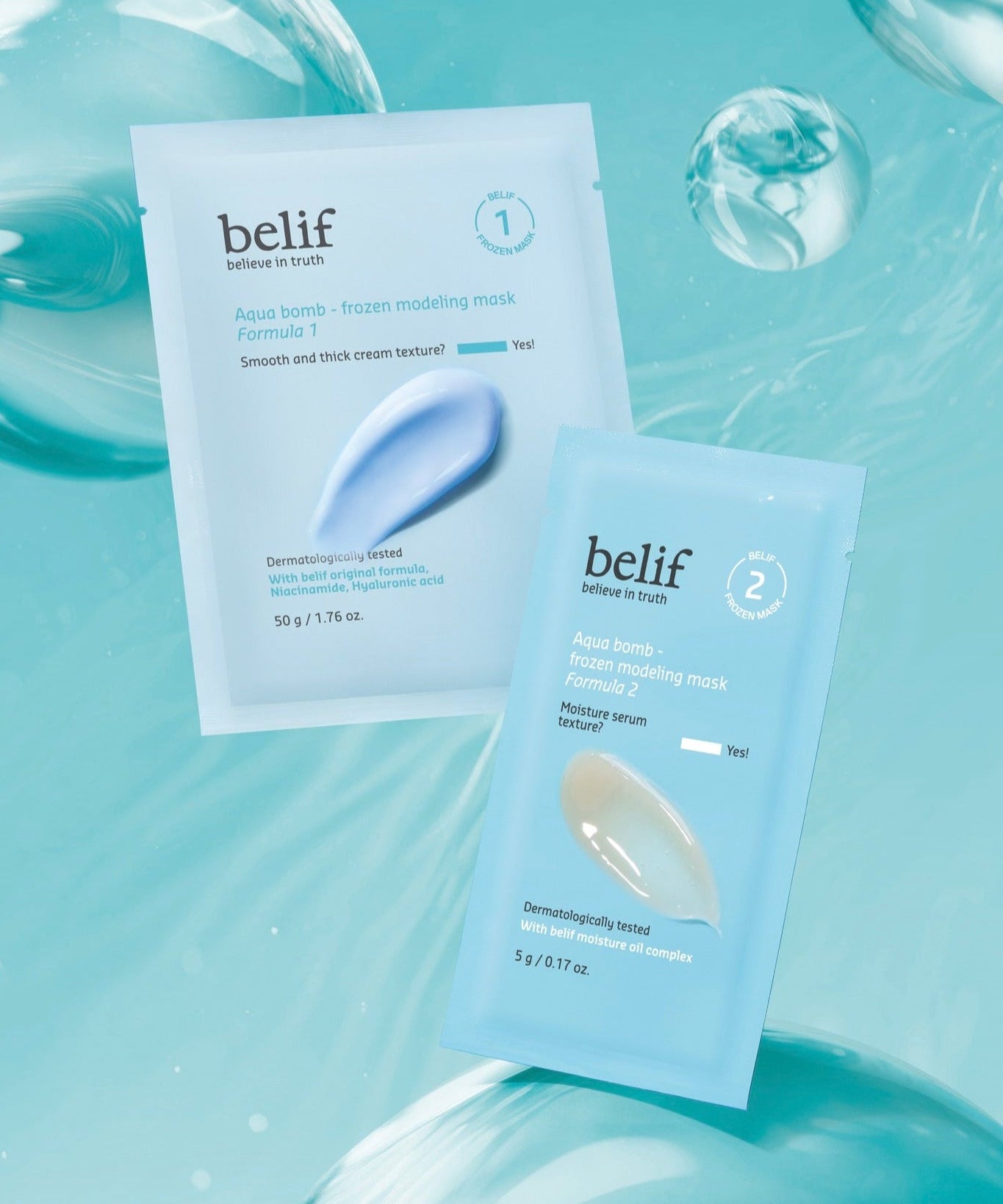 BELIF Aqua Bomb Frozen Modeling Mask shown in packaging with light blue background, highlighting its cream texture and skin benefits.