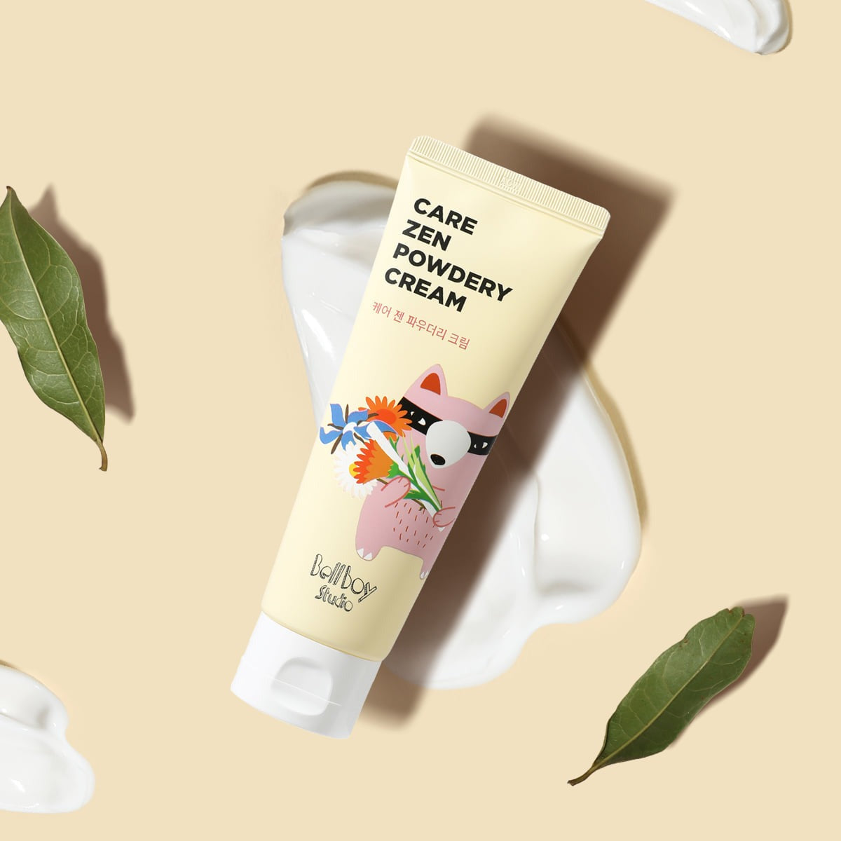 BELLBOY STUDIO Care Zen Powdery Cream 120ml tube with animated design, displayed on a cream background with leaves and cream smudges.