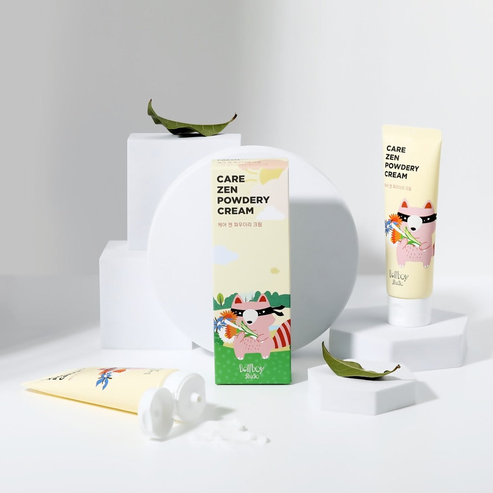 BELLBOY STUDIO Care Zen Powdery Cream 120ml product display with packaging and cream tubes.