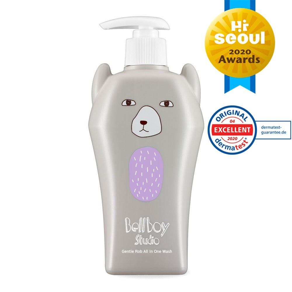 BELLBOY STUDIO Gentle Rob All-in-One Wash 400ml bottle with awards and certifications displayed