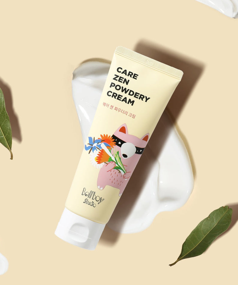 BELLBOY STUDIO Care Zen Powdery Cream 120ml tube with animated design, displayed on a cream background with leaves and cream smudges.
