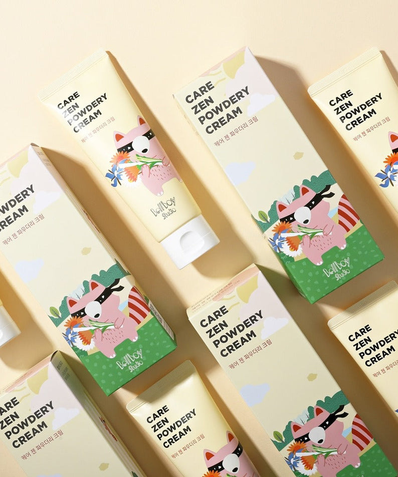 Multiple tubes and boxes of BELLBOY STUDIO Care Zen Powdery Cream 120ml displayed on a beige background.