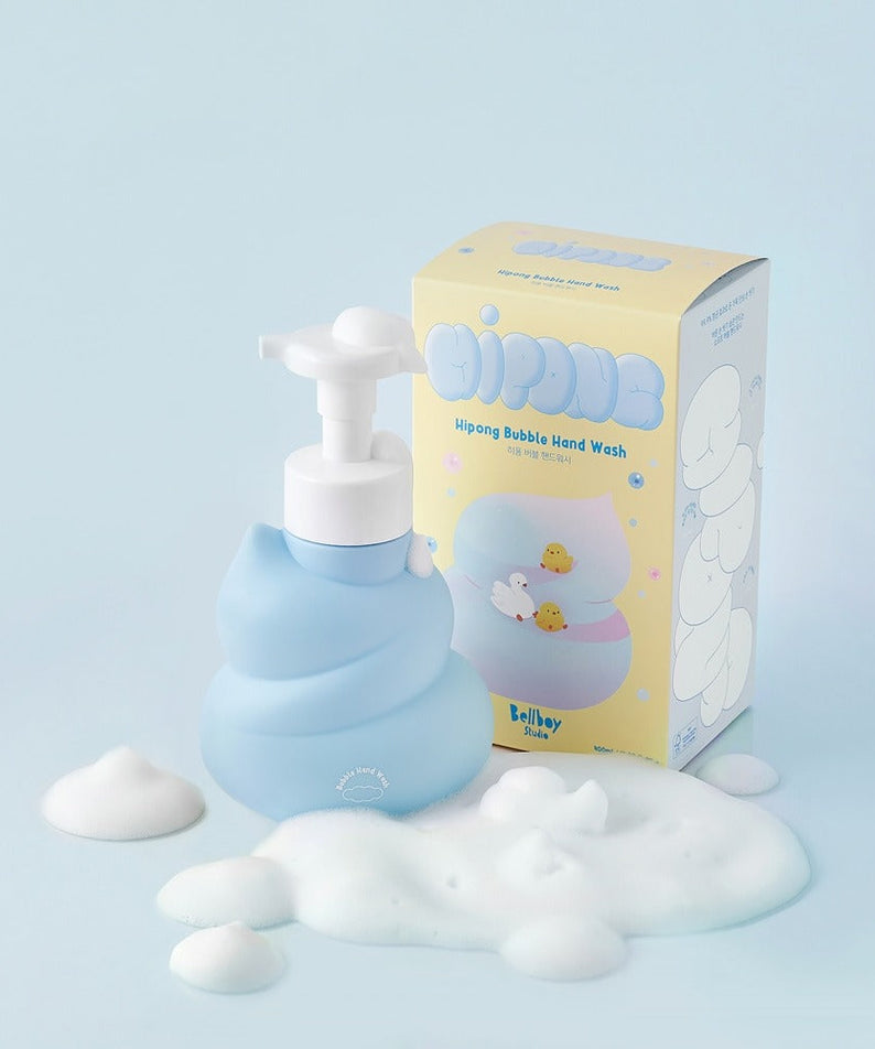 BELLBOY STUDIO Hippong Bubble Hand Wash in blue bottle with packaging, surrounded by fluffy soap bubbles on a light background.