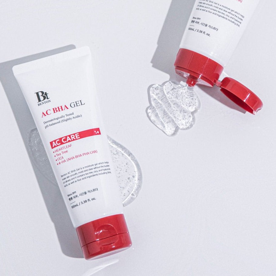 BENTON AC BHA Gel 100ml tube displayed with open cap and gel texture on a white surface.