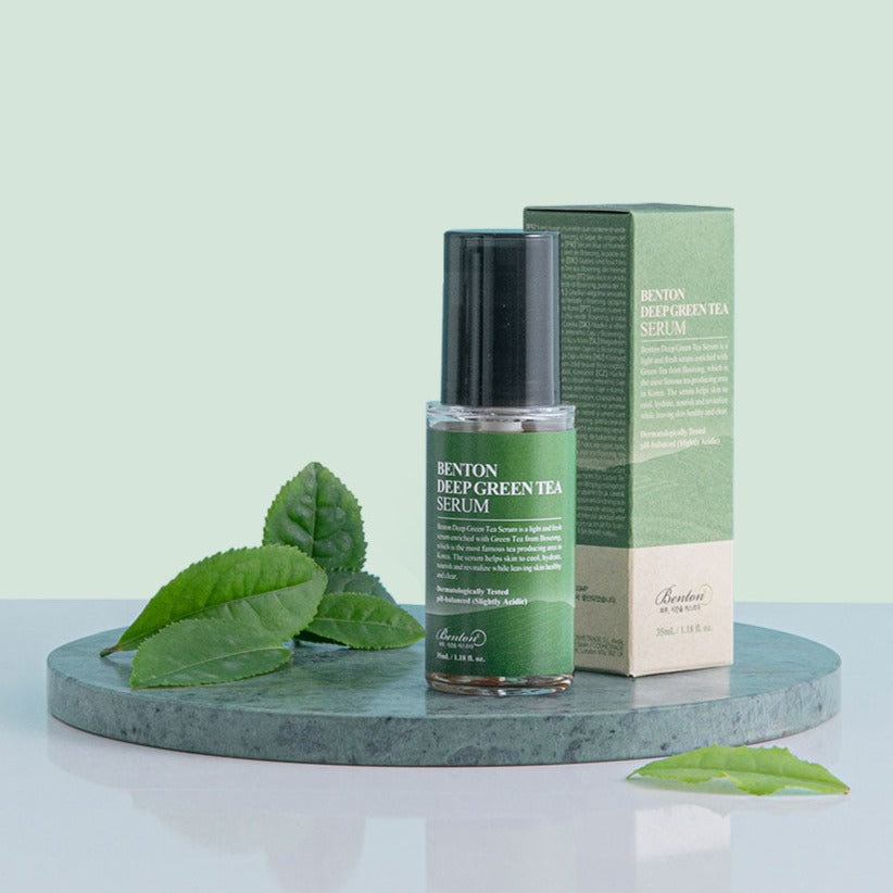 BENTON Deep Green Tea Serum 35ml bottle and box with green tea leaves on display