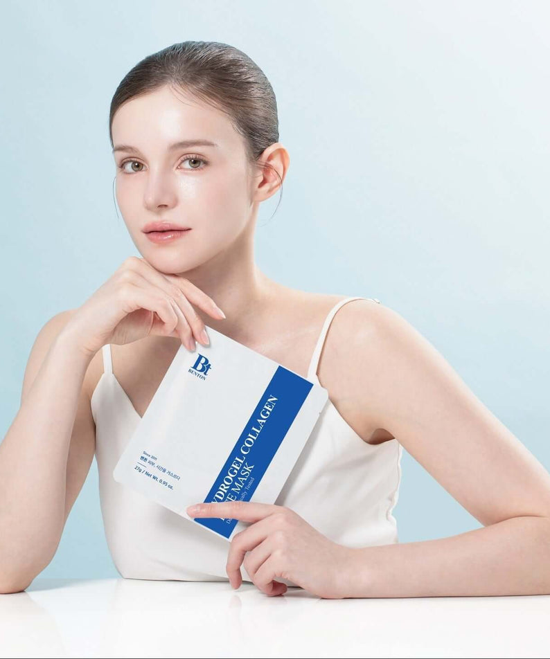 BENTON Hydrogel Collagen Mask Pack 27g x4 held by a woman in a white tank top against a light blue background