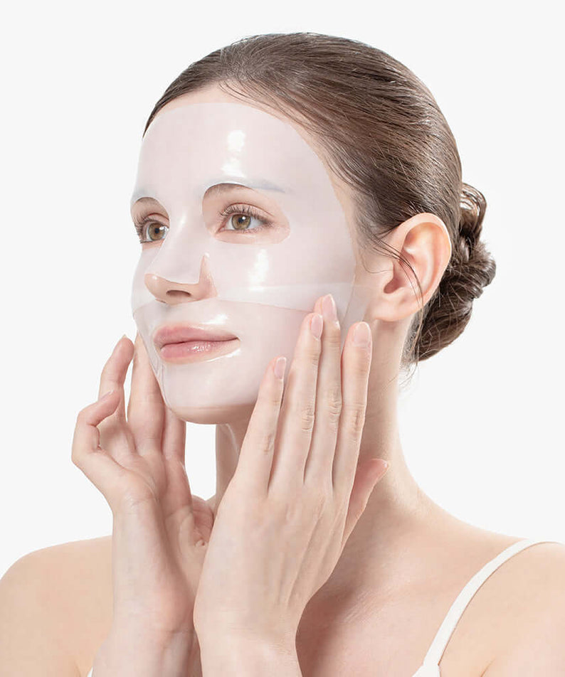 Person applying BENTON Hydrogel Collagen Mask Pack 27g x4, showcasing skincare product benefits and usage.