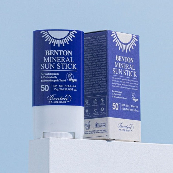 BENTON Mineral Sun Stick 15g SPF 50+ packaging on display, dermatologist tested sunscreen stick.