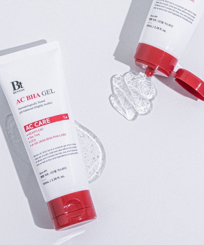 BENTON AC BHA Gel 100ml tube displayed with open cap and gel texture on a white surface.