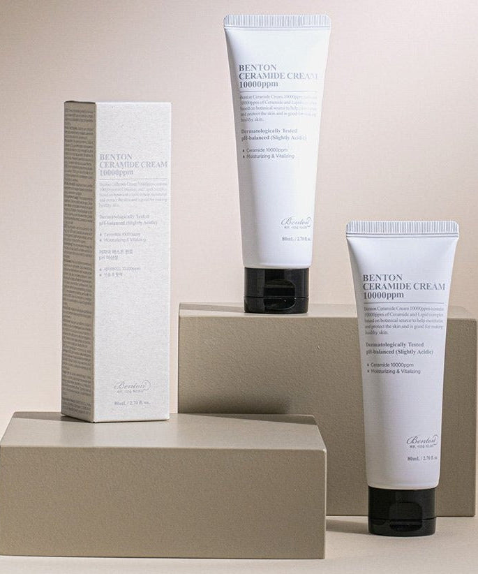 BENTON Ceramide Cream 10000ppm 80ml tubes and box on display showcasing skincare product.