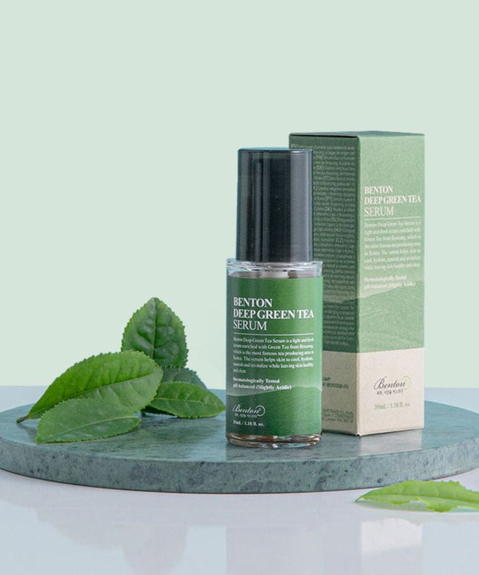 BENTON Deep Green Tea Serum 35ml bottle and box with green tea leaves on display