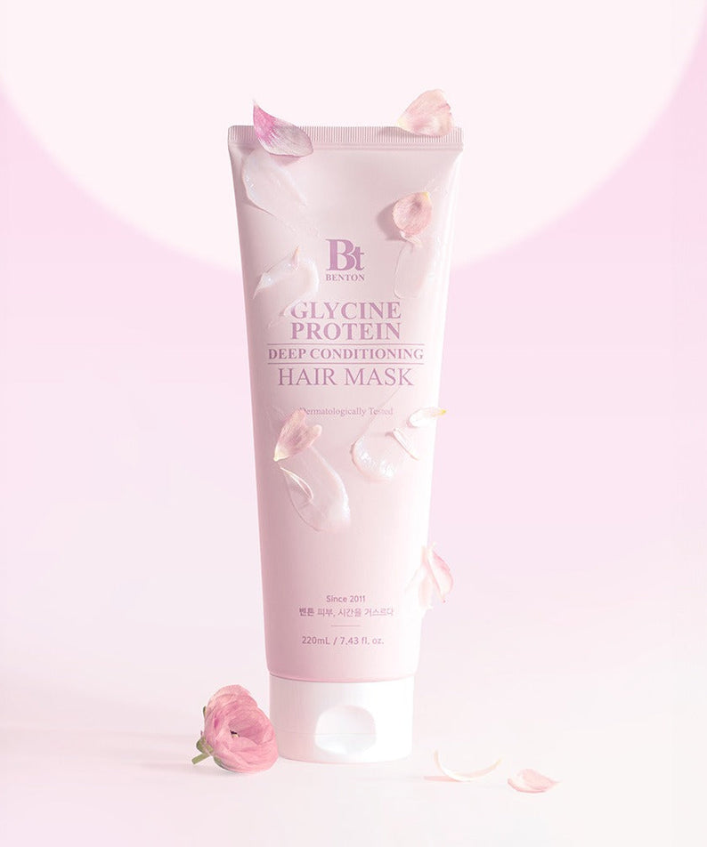 BENTON Glycine Protein Deep Conditioning Hair Mask 220ml on pink background with flower petals