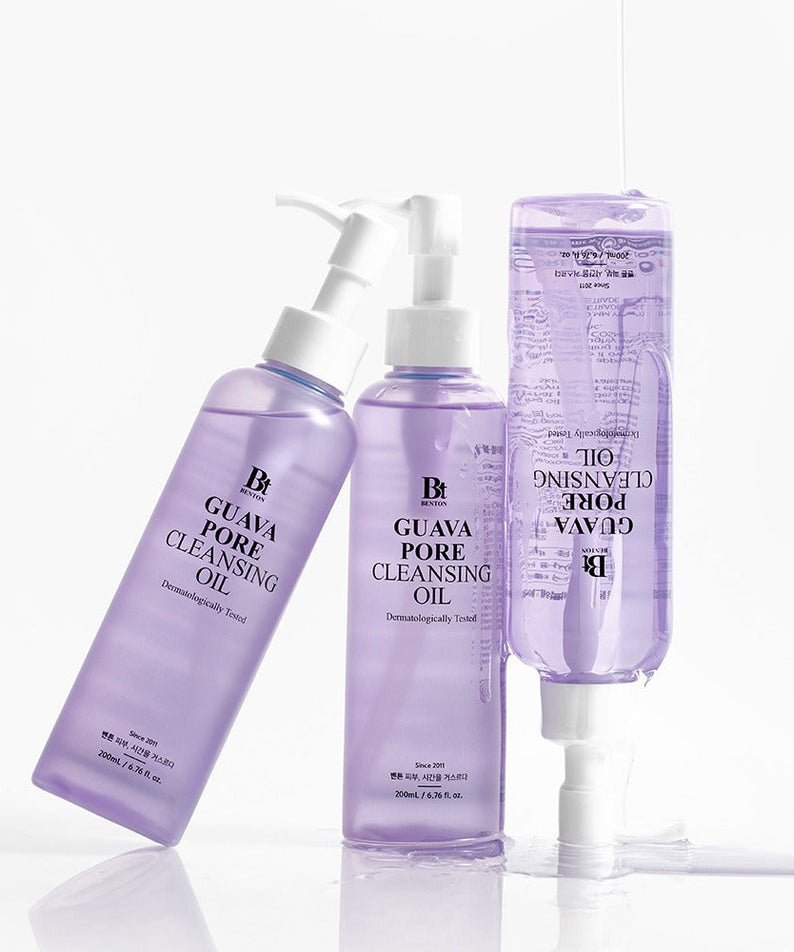BENTON Guava Blackhead Pore Cleansing Oil 200ml bottles with pump dispenser.
