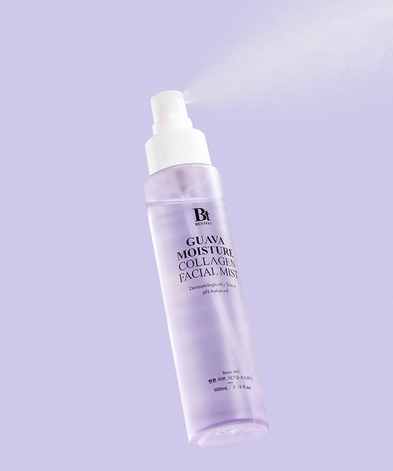 BENTON Guava Hydrating Collagen Mist 100ml bottle on a soft purple background, showcasing skincare spray for hydration and collagen boost.