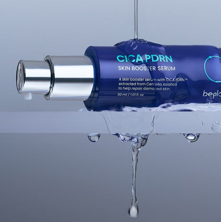 BEPLAIN Cica PDRN Skin Booster Serum 30ml bottle under water droplets