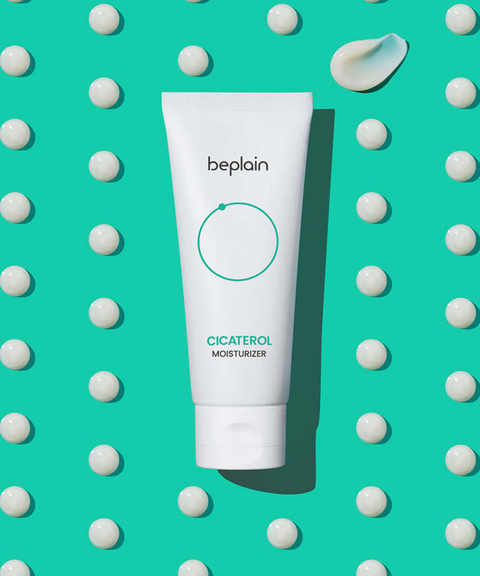 BEPLAIN Cicaterol Cream tube on teal background with white dots and cream swatch
