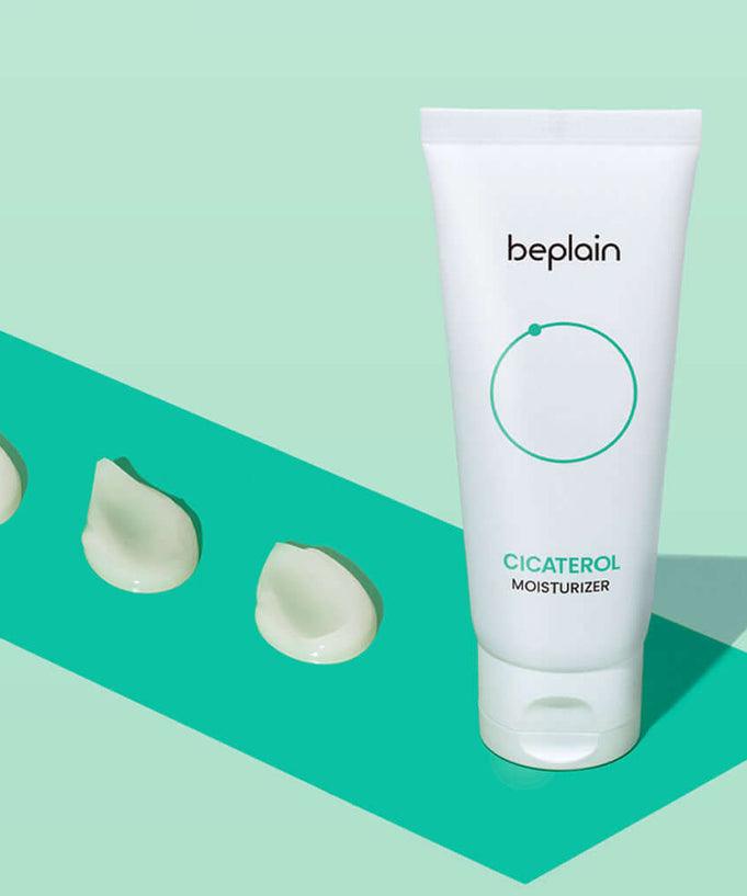 BEPLAIN Cicaterol Cream tube on green background with cream swatches
