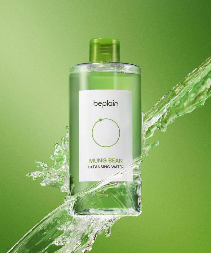 BEPLAIN Green Bean Cleansing Water bottle with green background and splash effect.