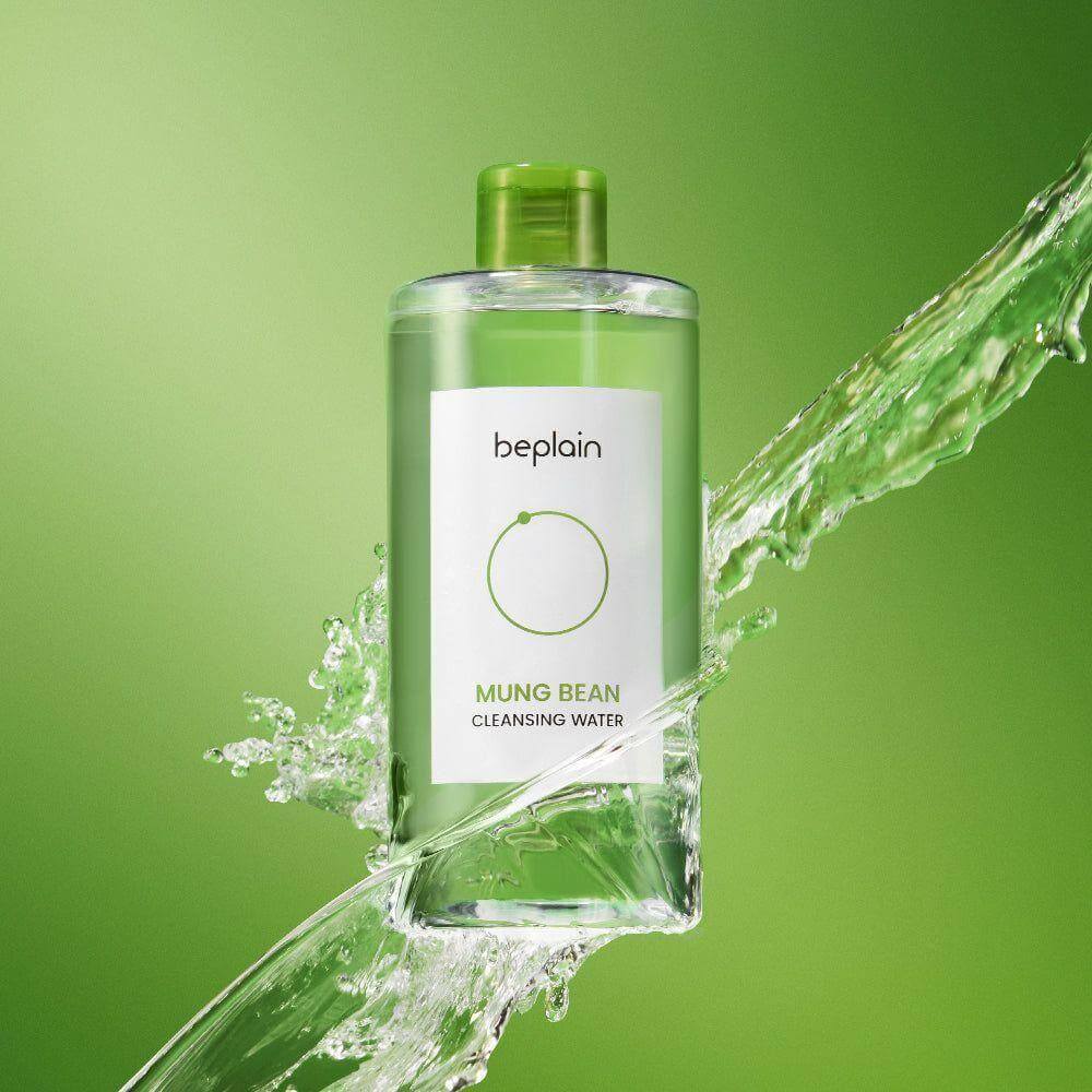 BEPLAIN Green Bean Cleansing Water bottle with green background and splash effect.