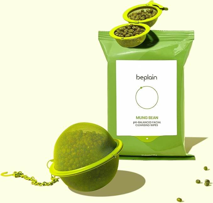 BEPLAIN Green Bean Mild Acid Cleansing Water Tissue 20 Sheets packaging with mung bean imagery, ideal for sensitive skin cleansing.