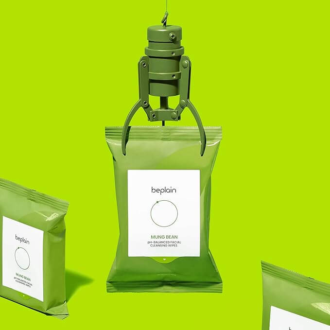 BEPLAIN Green Bean Mild Acid Cleansing Water Tissue 20 Sheets package with robotic claw on bright green background.