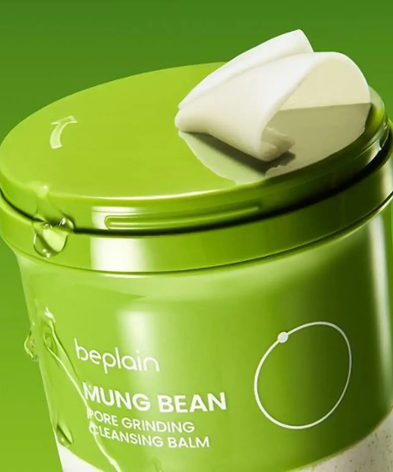 Image of BEPLAIN Green Bean Pore Grinding Cleansing Balm with a green container and white applicator, showcasing product packaging.