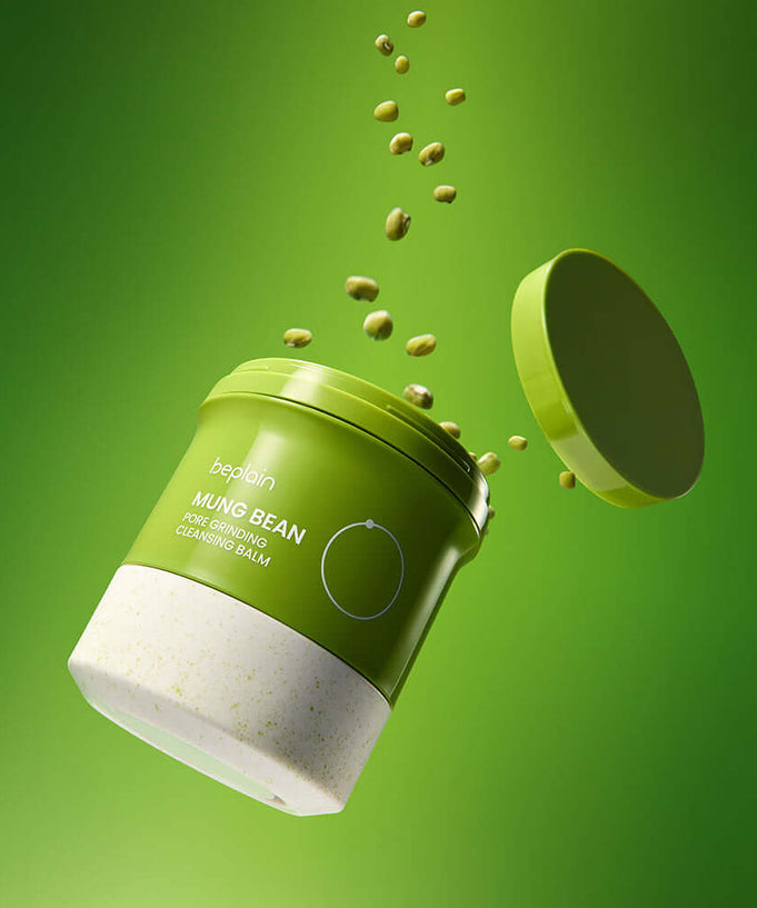 BEPLAIN Green Bean Pore Grinding Cleansing Balm in green packaging against green background