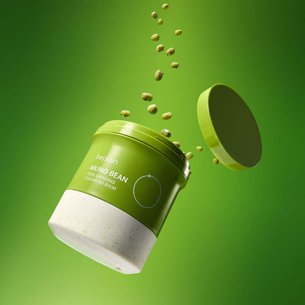 BEPLAIN Green Bean Pore Grinding Cleansing Balm in green packaging against green background