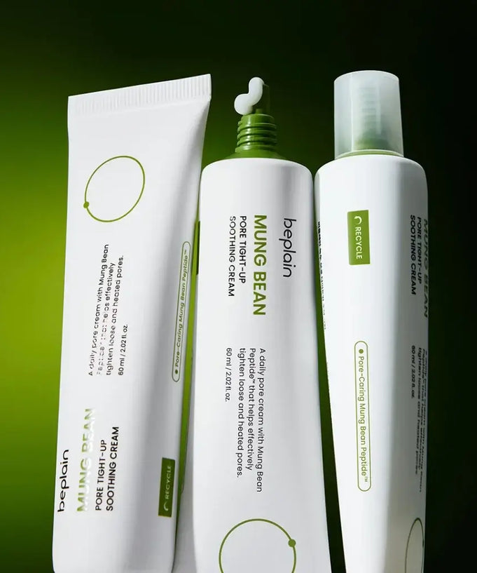 BEPLAIN Green Bean Pore Tightening Cream product packaging in green and white tubes against a green background.