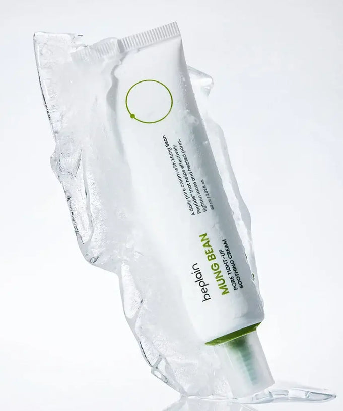BEPLAIN Green Bean Pore Tightening Cream in ice packaging, highlighting unique cooling effect and pore tightening benefits.