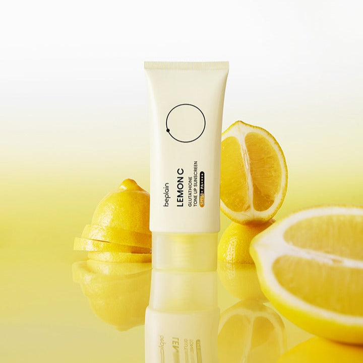 BEPLAIN Lemon Seed Glutathione Tone-up Sun Cream 50ml with lemons in background