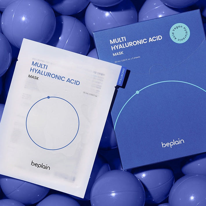 BEPLAIN Multi Hyaluronic Acid Mask packaging on purple background.