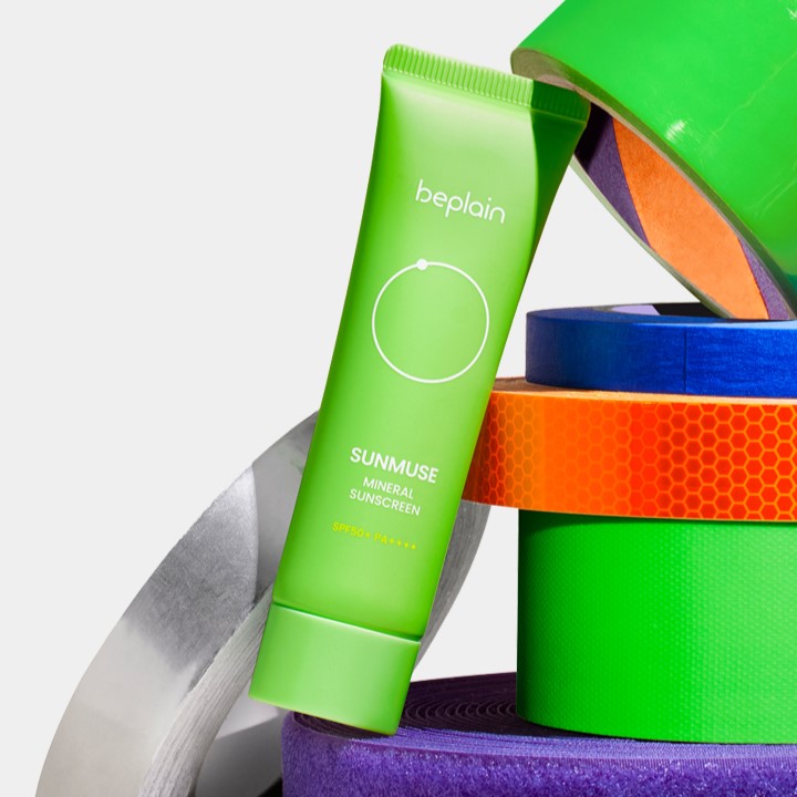 BEPLAIN Sunmuse Mineral Sunscreen SPF50+ PA++++ 50ml in a vibrant green tube with colorful background.