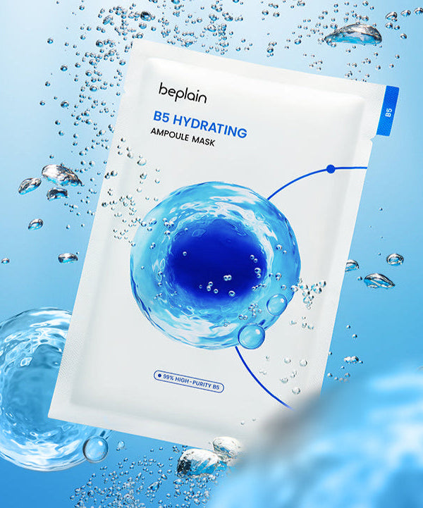 BEPLAIN B5 Hydrating Ampoule Mask 5 Sheets against a blue background with water droplets