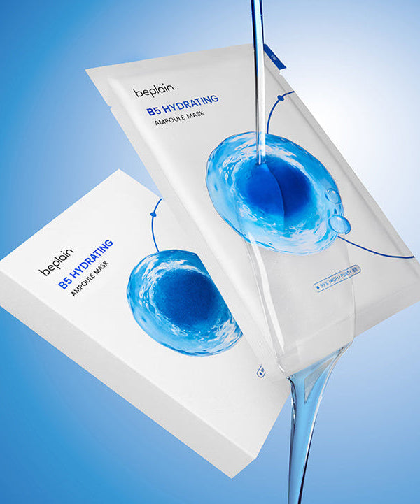 BEPLAIN B5 Hydrating Ampoule Mask 5 Sheets packaging with blue liquid splash against a blue background.