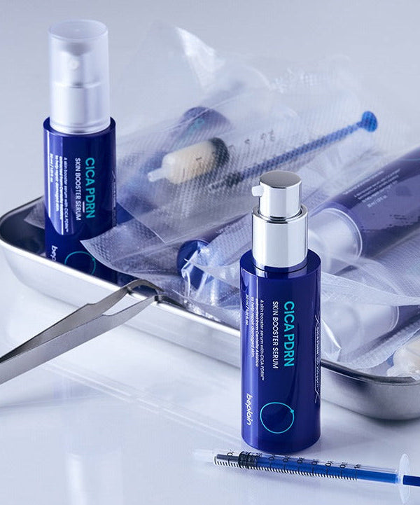 BEPLAIN Cica PDRN Skin Booster Serum 30ml bottles in a medical tray with syringes and packaging
