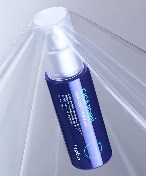 BEPLAIN Cica PDRN Skin Booster Serum 30ml with cap on, surrounded by transparent material for clarity in design.